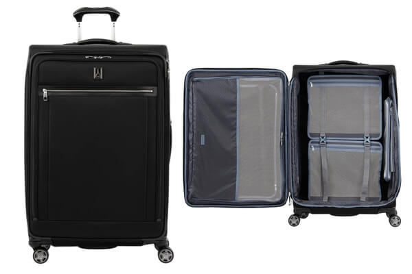 Suuri matkalaukku pitkälle matkalle pukupussilla